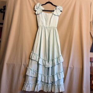 Elegant Light Blue Formal Ruffled Dress Measurements in Photos (~8)